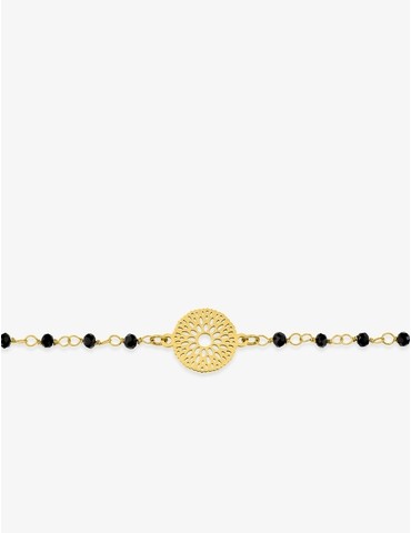 Bracelet fantaisie cristal noir, petite chaîne en acier doré et motif