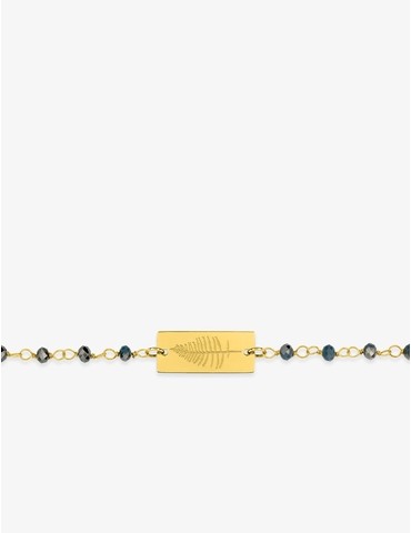 Bracelet fantaisie cristal bleu, petite chaîne et plaque en acier doré
