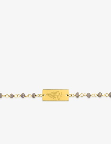 Bracelet fantaisie cristal beige, petite chaîne et plaque en acier doré