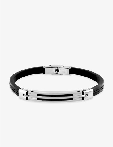 Bracelet acier CARGO cuir noir et motif central brillant ajouré