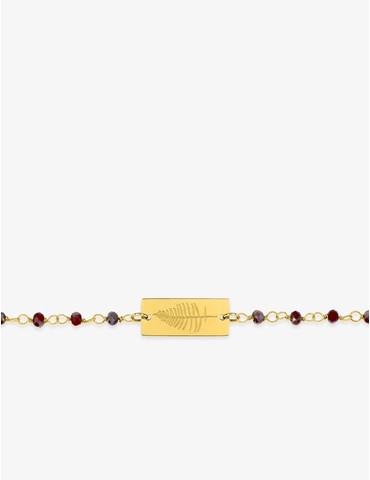 Bracelet fantaisie cristal rouge, petite chaîne et plaque en acier doré