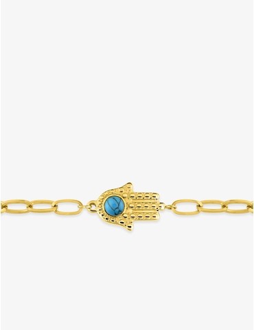 Bracelet acier doré motif main de Fatma et turquoise