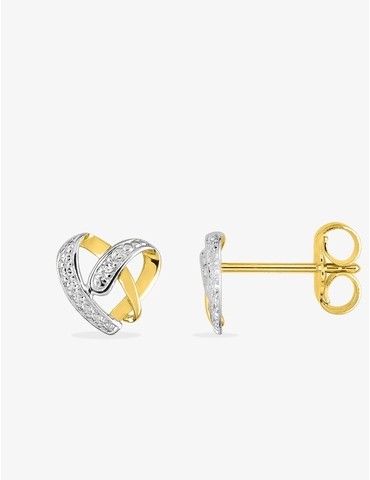 Boucles d'oreilles clous motif cœur or jaune 750 ‰ diamant 0,01 ct et rhodium