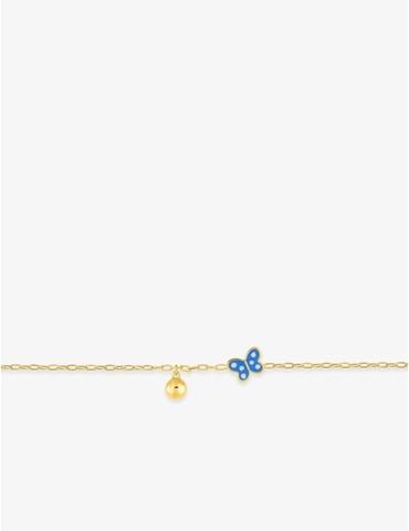 Bracelet enfant papillon bleu et boule or jaune 375‰