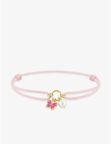 Bracelet cordon rose papillon or jaune 375‰ et perle de culture d'eau douce 4 mm